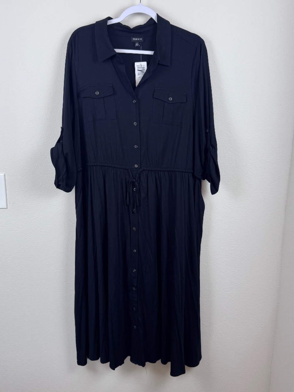 TORRID Black Challis Midi Shirt Dress Drawstring Business NWT / Women's Plus 2X